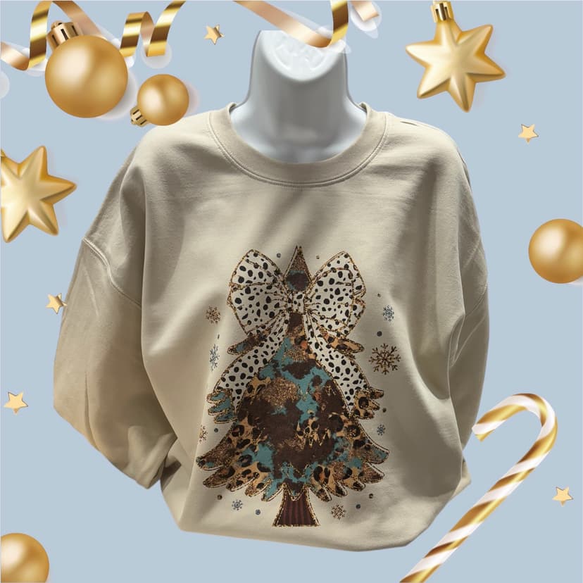 Leopard Christmas Tree with Bow Sweatshirt in Natural