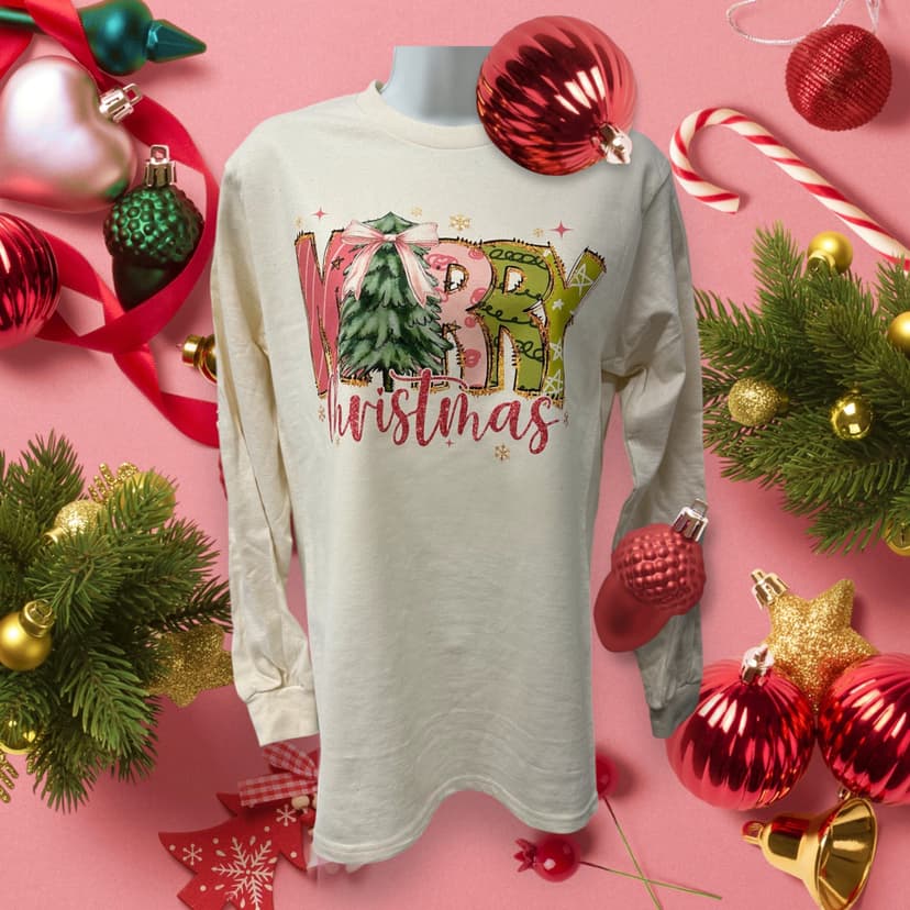 M(tree)rry Christmas Long Sleeve Shirt in Natural