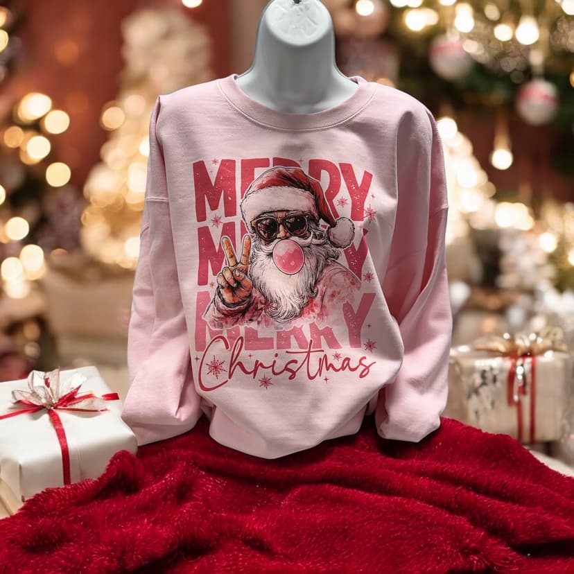 Merry Christmas Bubblegum Santa Sweatshirt in Light Pink